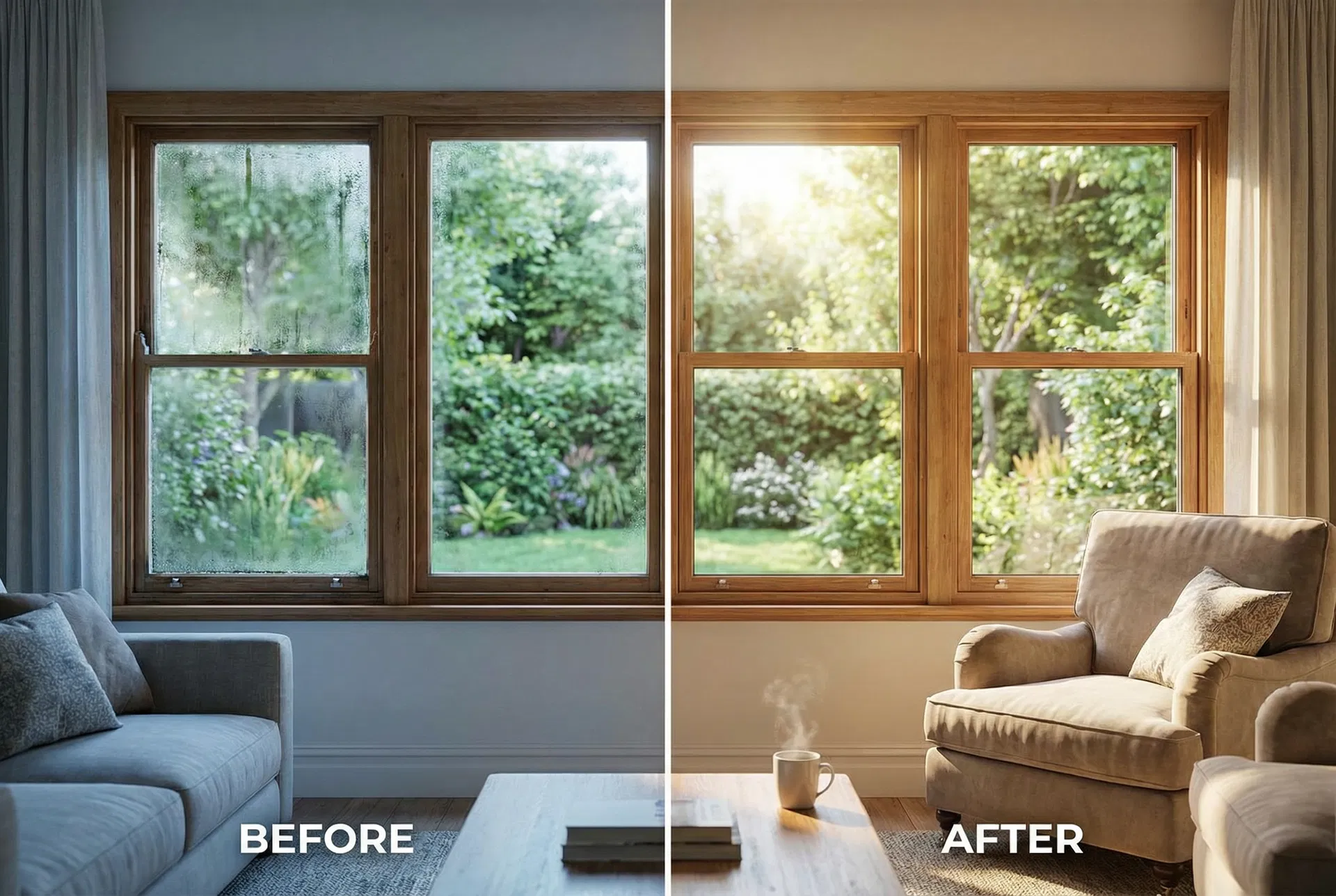 Before and after double glazing — cold foggy windows vs bright clear view