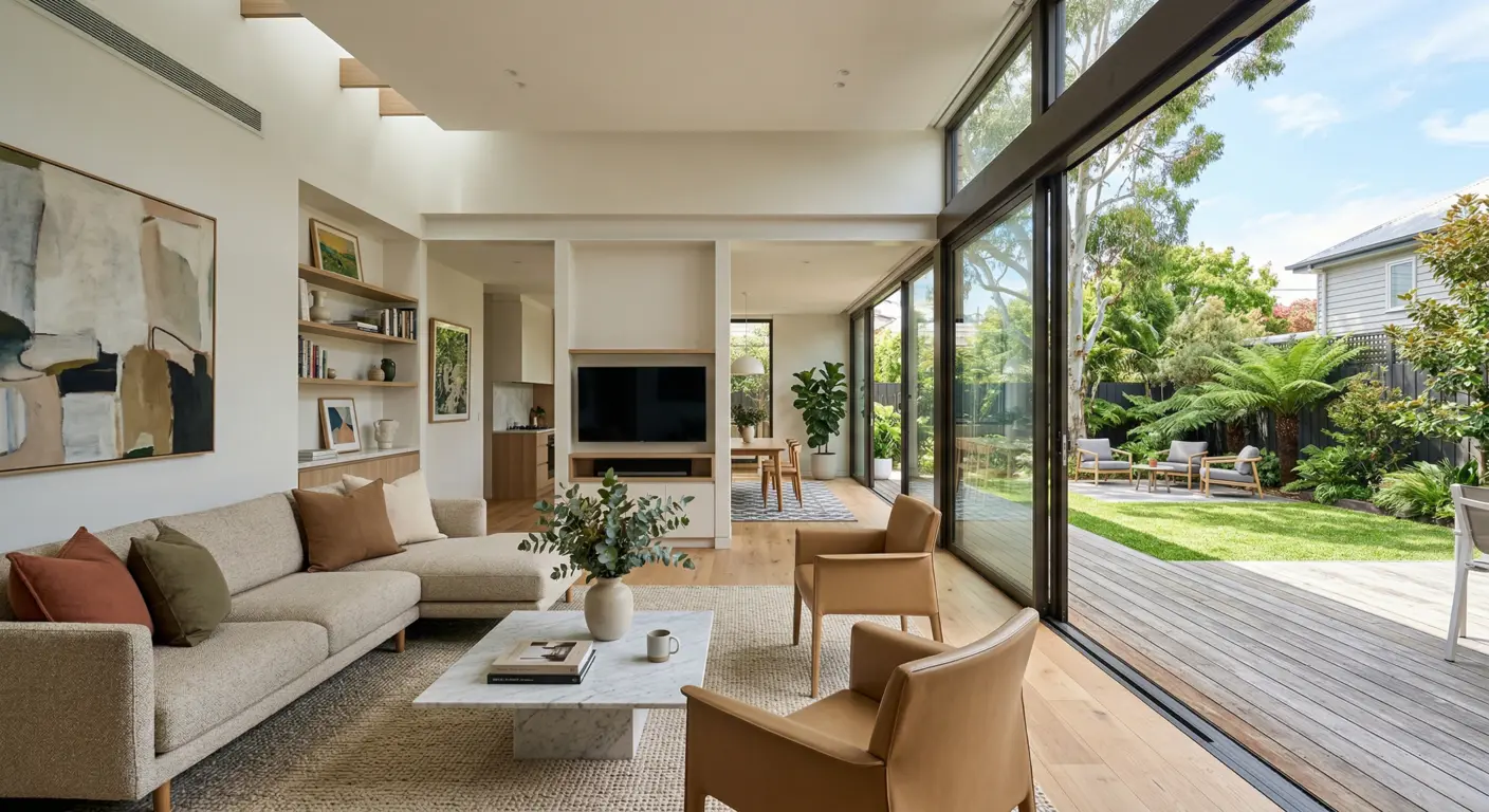 Double glazed windows overlooking Melbourne skyline at dusk