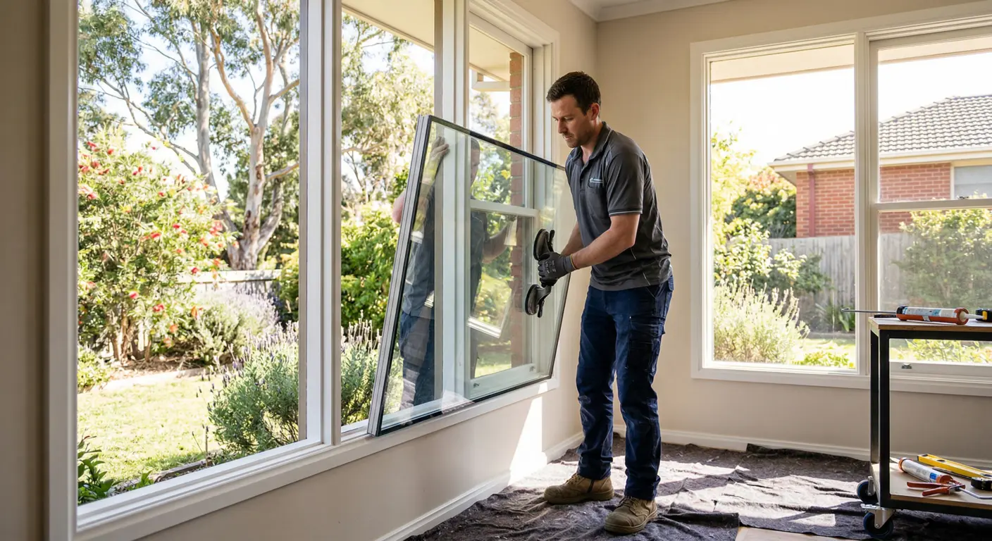 Glazier carefully lifting a double-glazed unit into a window frame
